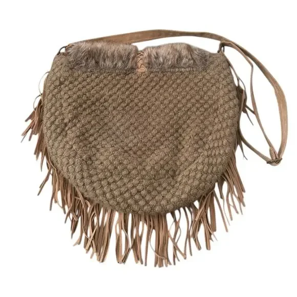 Boho Fringe Crossbody Bag Faux Fur Western Festival Indie Cowgirl Tan AZIZA - Picture 5 of 7